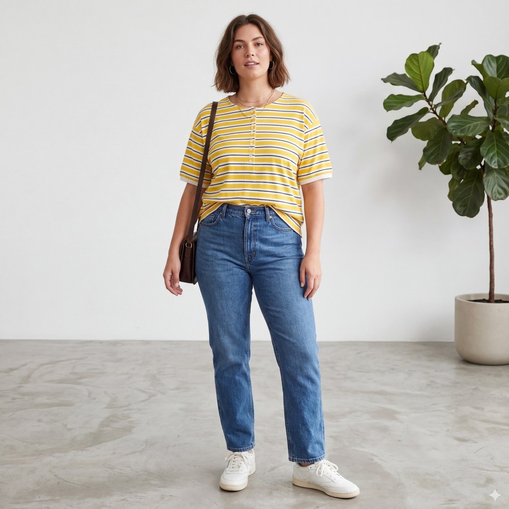 Vintage Carriage Court Wms Henley Top L Yellow White Navy Striped Retro Preppy